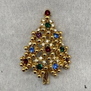 Eisenberg Christmas Tree Brooch Vintage Gold Rhinestone Holiday Pin Signed